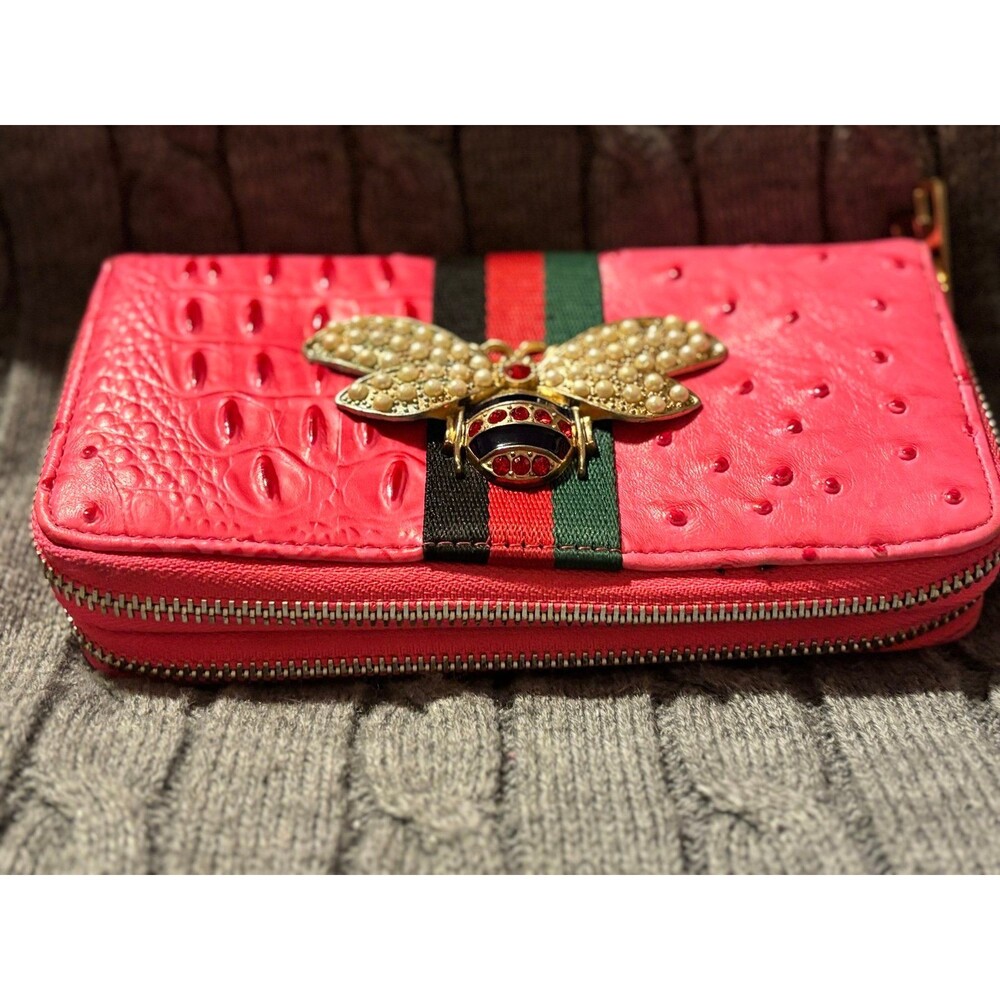 Fashion World Queen Bee Stripe Ostrich Double Zip Around Wallet